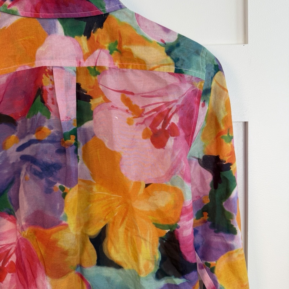 LRL Ralph Lauren Womens S Button Up Floral Silk Cotton Blouse Shirt Watercolors - Picture 11 of 15